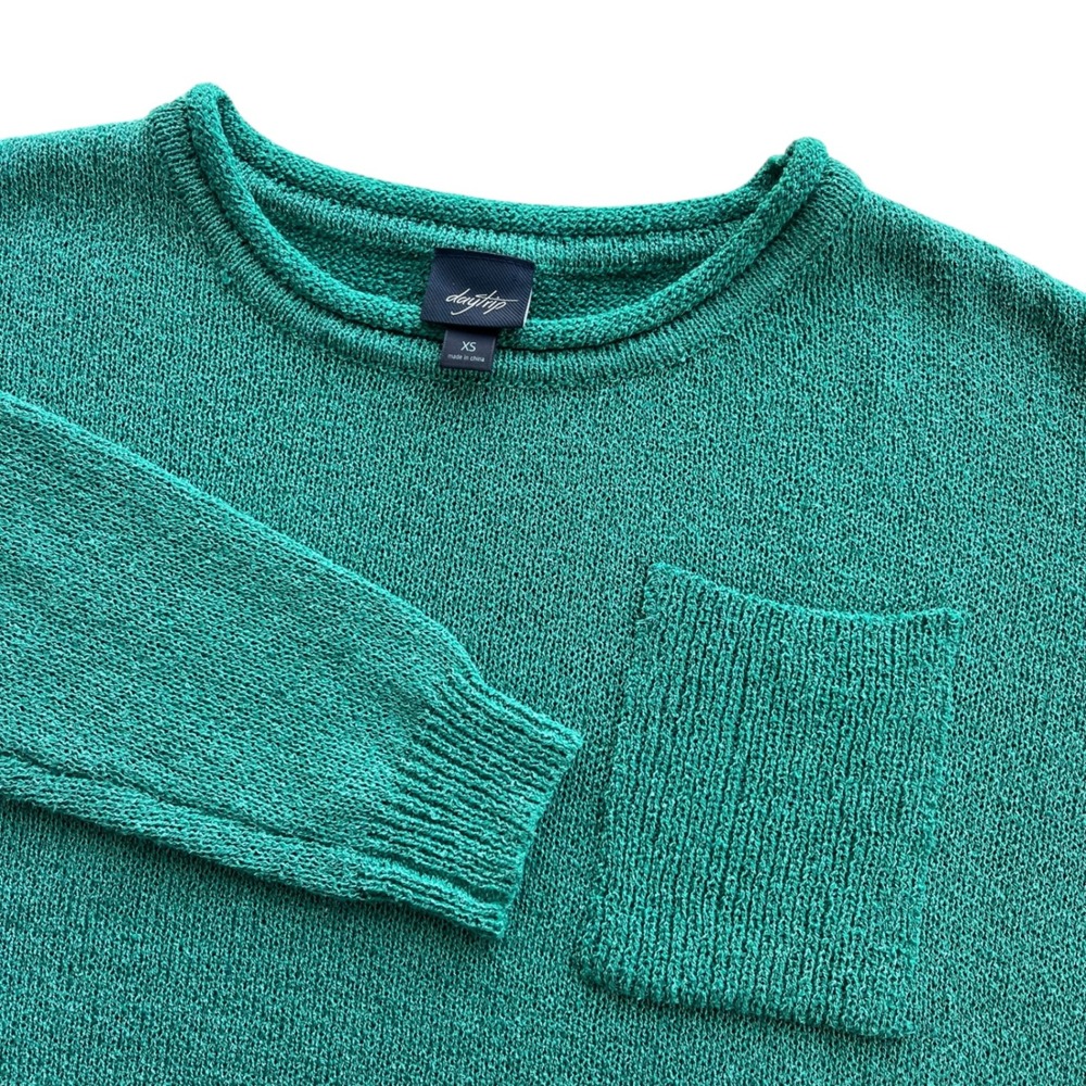 Daytrip Womens XS Teal Green Textured Knit Crew Neck Slouchy Boxy Pocket Sweater